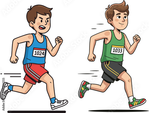 Cartoon runners in race motion, wearing athletic gear and bib numbers, dynamic sports illustration for kids, vector design, competitive running characters