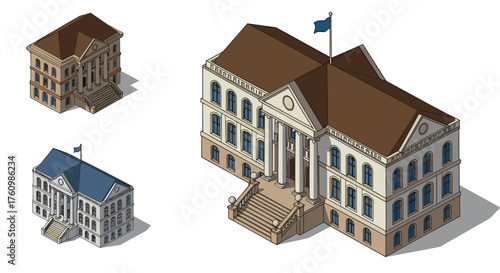 Classic isometric architecture of government buildings with flagpoles