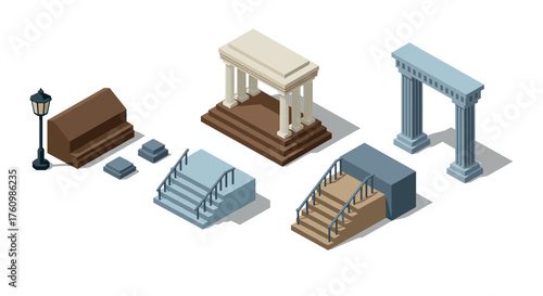 Isometric architectural elements set with steps and columns in classic style