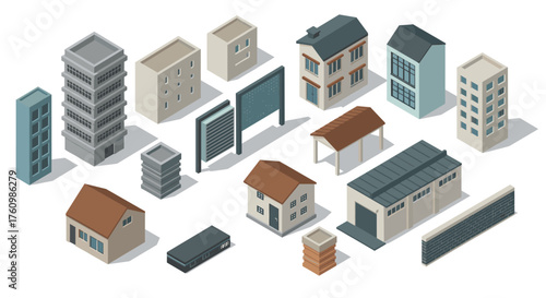 Isometric city buildings set with diverse architectural styles and structures