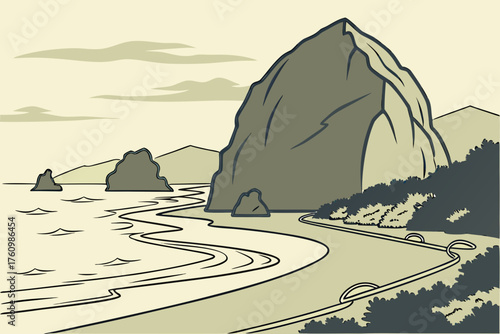 Flat design of Cannon Beach with Haystack Rock minimal style
