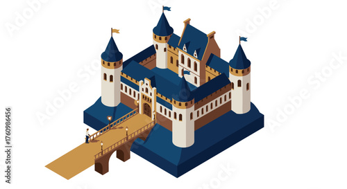 Isometric medieval castle with towers and drawbridge