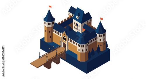 Majestic isometric castle with bridge and towers
