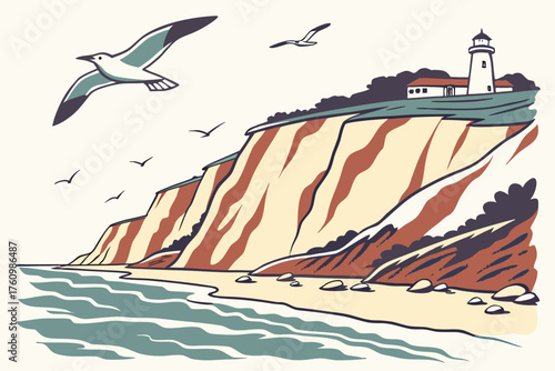 Flat design of Half Moon Bay cliffs and sea birds
