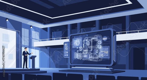 Futuristic tech presentation with a speaker presenting the new car model concept design