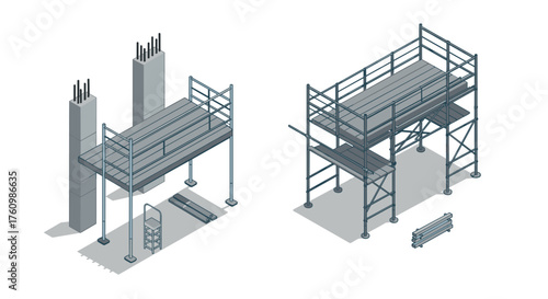 Isometric construction scaffolding and building columns design blueprint