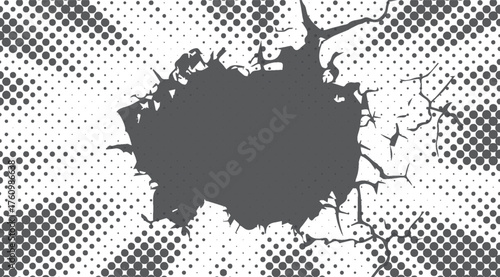 A dynamic black and white halftone background showcases a jagged, central shape with crack-like lines, creating a visually striking and attention-grabbing textured design, perfect for modern projects