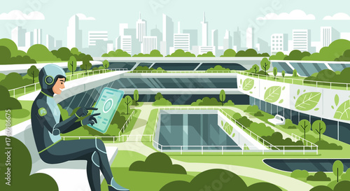 Futuristic urban landscape with sustainable architecture and technological integration depicted in