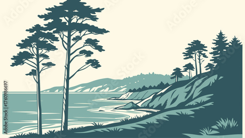 Flat design of Puget Sound coastline with pine trees
