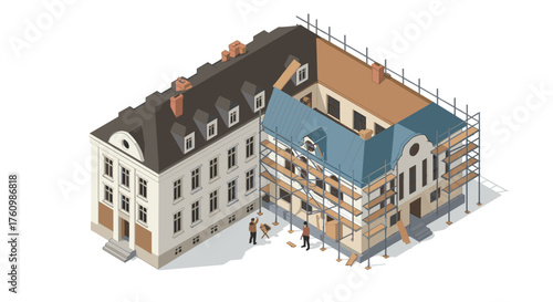 Renovation of historic building with scaffolding in isometric style