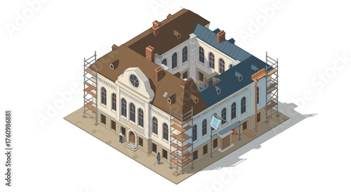 Isometric renovation of historical building with scaffolding and vintage architecture details