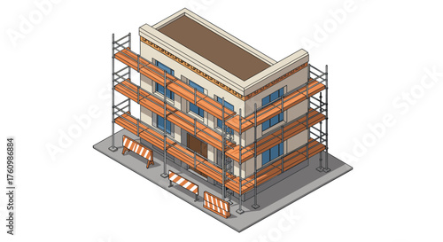 Isometric urban building under construction with scaffolding and barricades