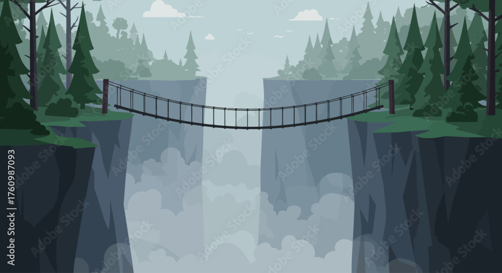 Fototapeta premium Suspended Rope Bridge Crossing a Deep Canyon in a Misty Forest Landscape