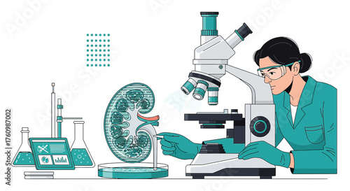 Illustration depicting a scientist analyzing a kidney sample under a microscope in a lab setting