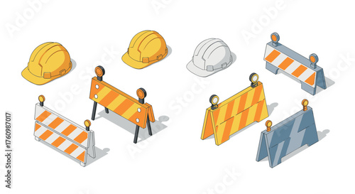 Isometric construction equipment with traffic barriers and safety helmets