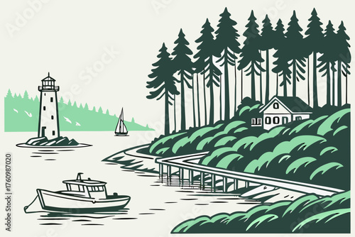 Flat modern vector of Coos Bay harbor and forest edge

