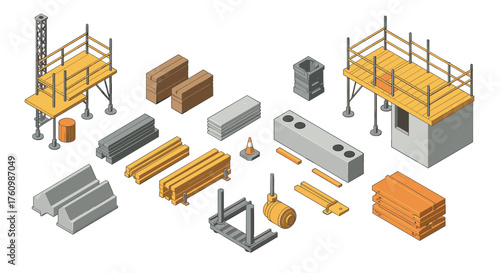 Isometric construction site elements with scaffolding and equipment