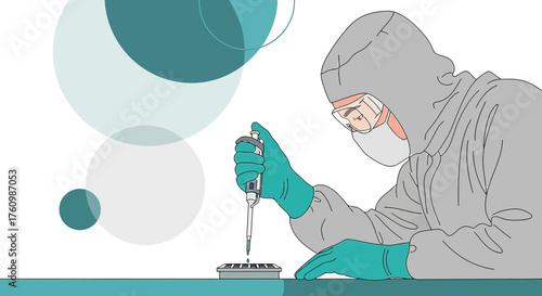 Illustration depicting a scientist in protective suit conducting research in a laboratory setting