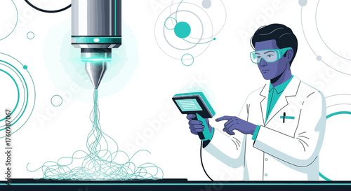 Illustration depicting a scientist operating a cutting-edge fiber optic printing machine