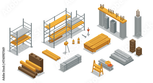 Isometric construction materials set with scaffolding and structural components