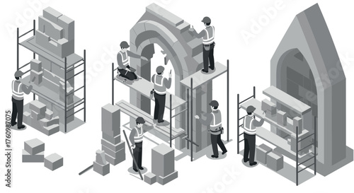Monochrome construction workers building stone arch and structure with scaffolding