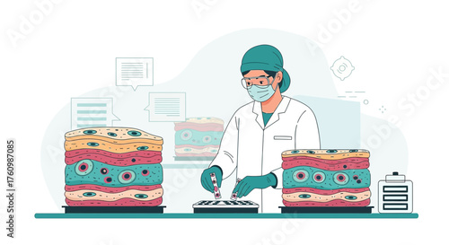Illustration depicting a scientist in a lab coat conducting research on cell tissue samples