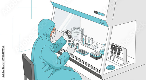 Illustration depicting a scientist working in a lab with protective gear and equipment in a