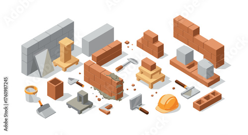 Construction tools and brick wall elements in isometric design for building projects