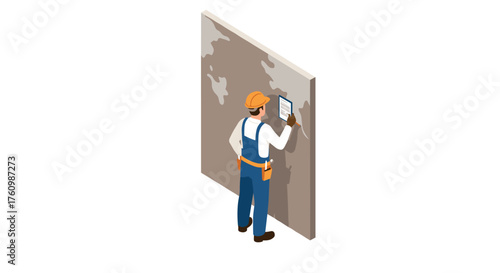 Isometric construction worker checking plans on wall