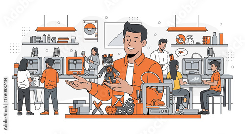 Illustration of a collaborative workspace with 3D printers and designers in a studio workshop