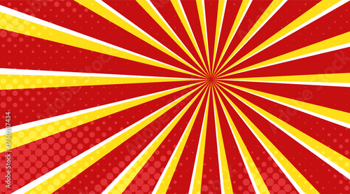 Energetic red and yellow comic-style background with radiating lines and halftone dots creates a vibrant, dynamic, and retro-inspired visual effect perfect for graphic design