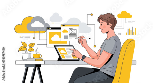 Illustration of a designer working with a tablet surrounded by cloud icons and data charts