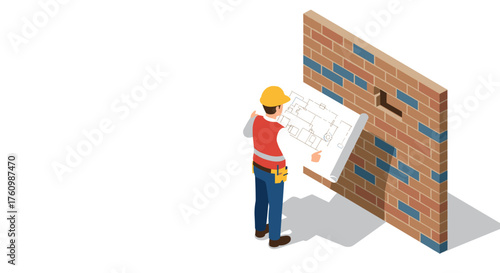 Isometric construction worker examining blueprint against brick wall