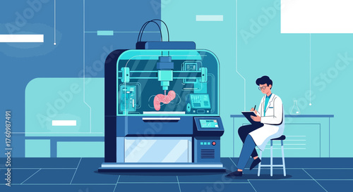 Illustration of a doctor observing a 3D printer creating an organ in a lab setting for medical