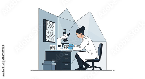 Illustration of a female scientist working in a laboratory with a microscope and chemicals