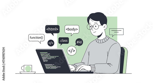 Illustration of a happy programmer coding with html body class function id tags on laptop