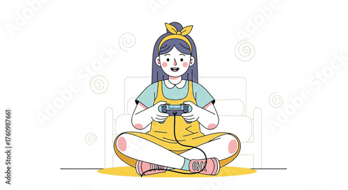 Illustration of a joyful young woman playing video games at home with a controller creating a fun