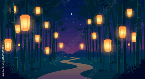 Magical bamboo forest at night illuminated by glowing traditional lanterns hanging from the trees under a starry sky.