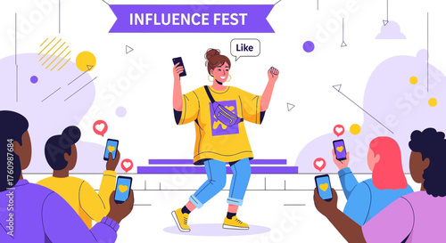 Illustration of a Lively Social Media Influencer at a Festival with Adoring Fans