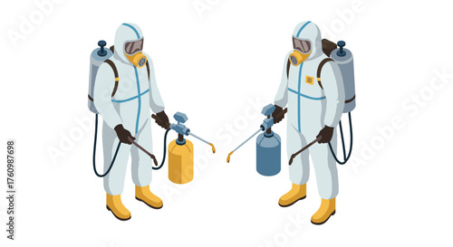 Isometric hazmat workers in protective suits cleaning with sprayers