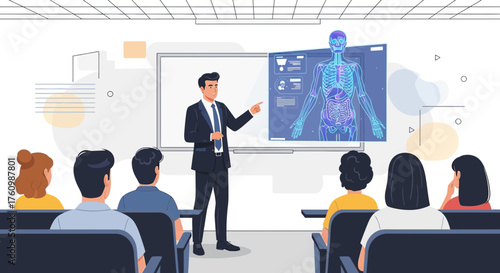 Illustration of a medical lecture on the human anatomy with students in classroom setting showing