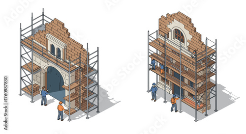 Isometric building restoration scene with workers and scaffolding