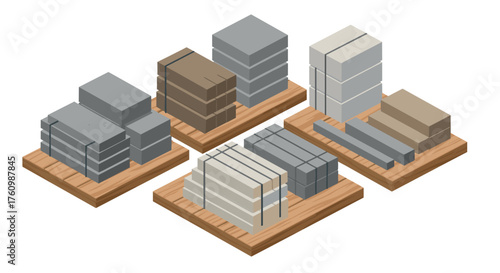 Isometric industrial construction material stack on pallets for warehouse