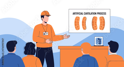 Illustration of a presentation on artificial cartilage with an engineer and audience at a meeting