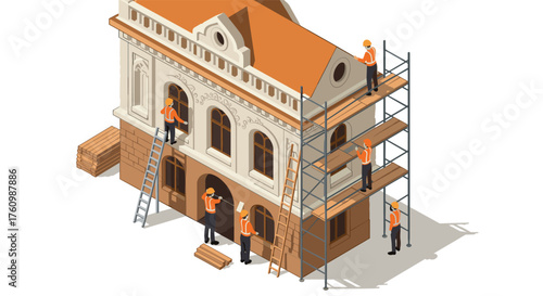 Workers restoring historic building with scaffolding in isometric style
