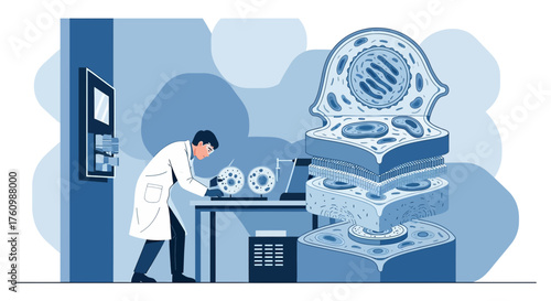 Illustration of a scientist examining a cellular structure in a laboratory setting using