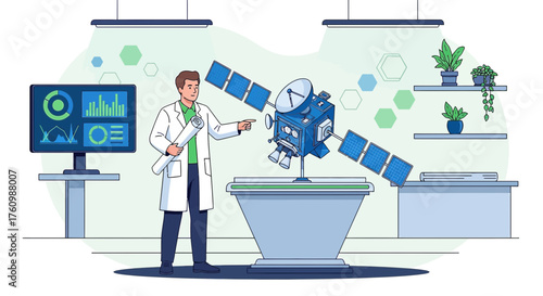 Illustration of a scientist examining a satellite model in a laboratory setting displaying