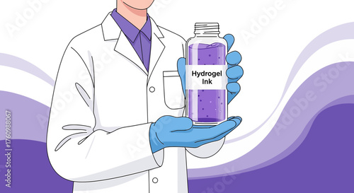Illustration of a scientist holding a bottle of hydrogel ink in a laboratory setting showcasing