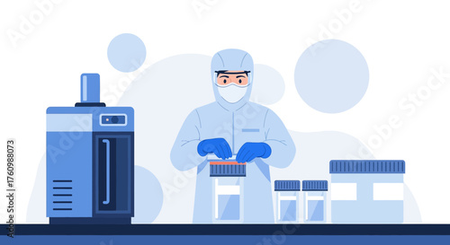 Illustration of a scientist in a cleanroom performing a laboratory analysis accurately and