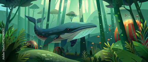 Surreal Whale Illustration in Lush Forest Ecosystem with Sunlight Beams